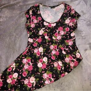 Floral black pink summer short sleeve midi  dress